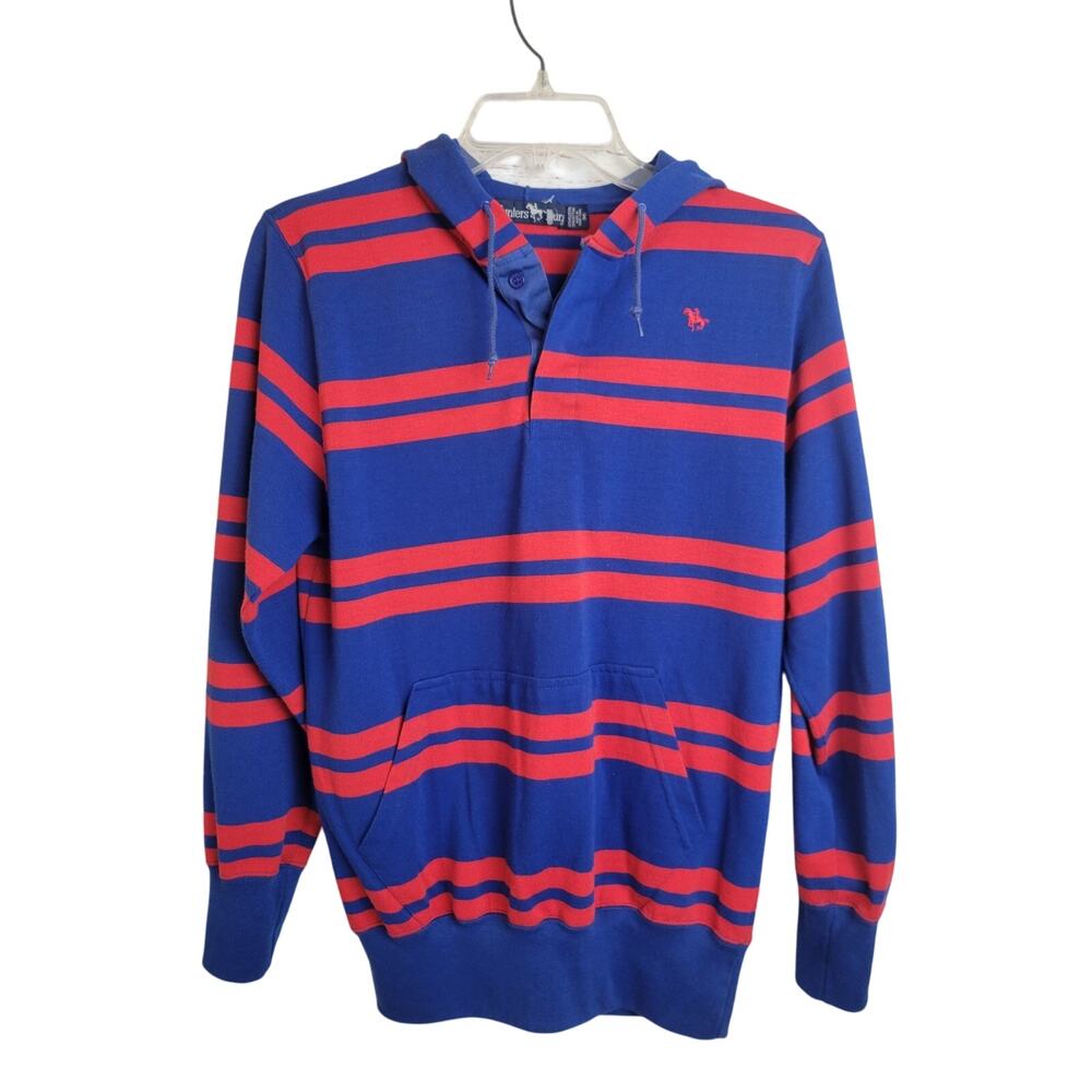 Vintage Hunters Run Red Blue Striped Pockets Hoodie Sweatshirt Men's Size Medium